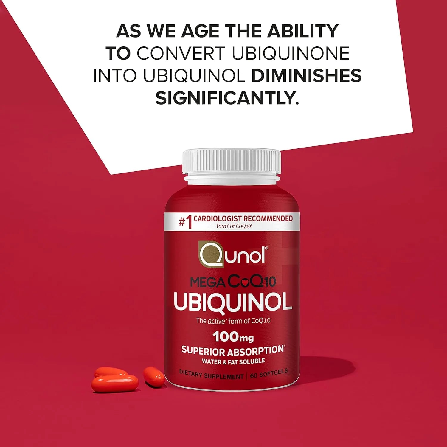 Qunol CoQ10 Supplement - Kenya. Qunol Ubiquinol Mega 100 Softgels - Angle View