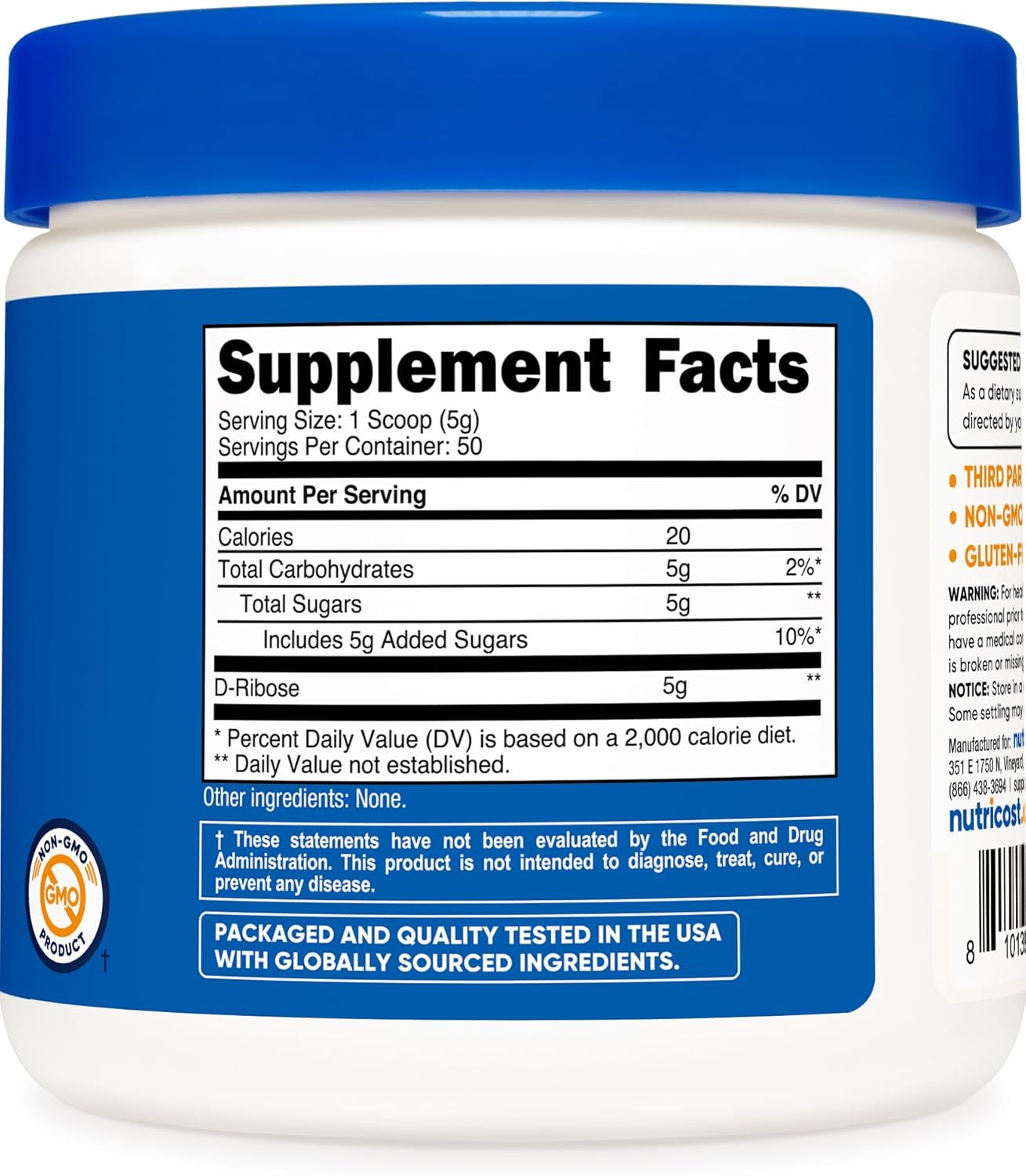 Nutricost D-Ribose Powder (250 Grams) - Back View