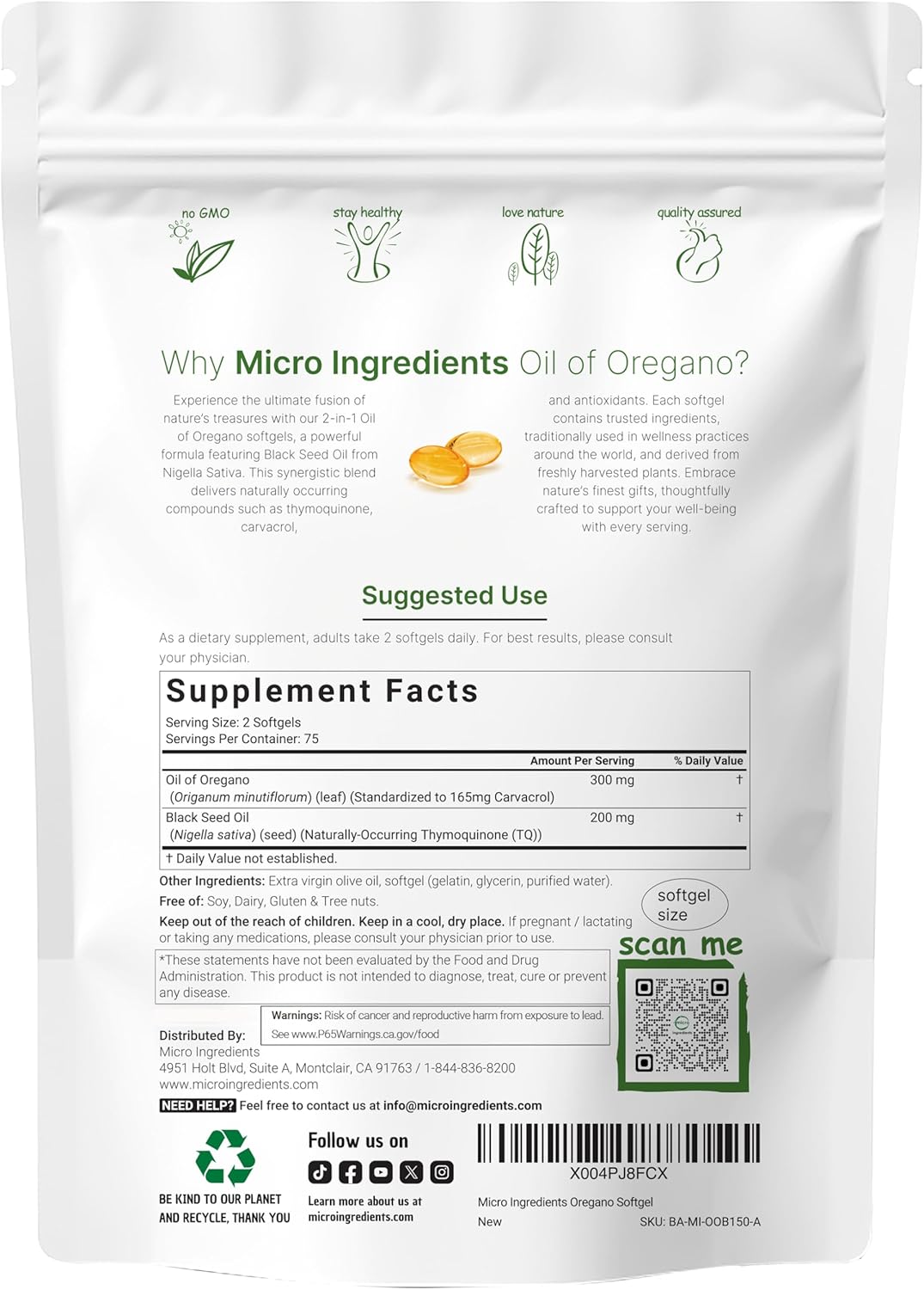 Micro Ingredients Micro Ingredients Oil of Oregano Softgel - Back View