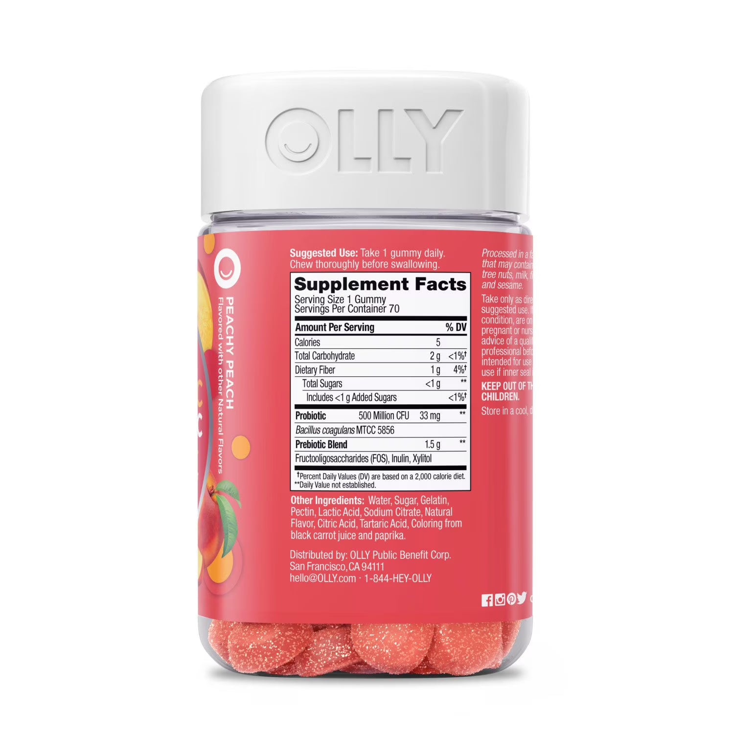 OLLY OLLY Adult Probiotic + Prebiotic Digestive Support Gummy, Peach, 70 ct - Back View