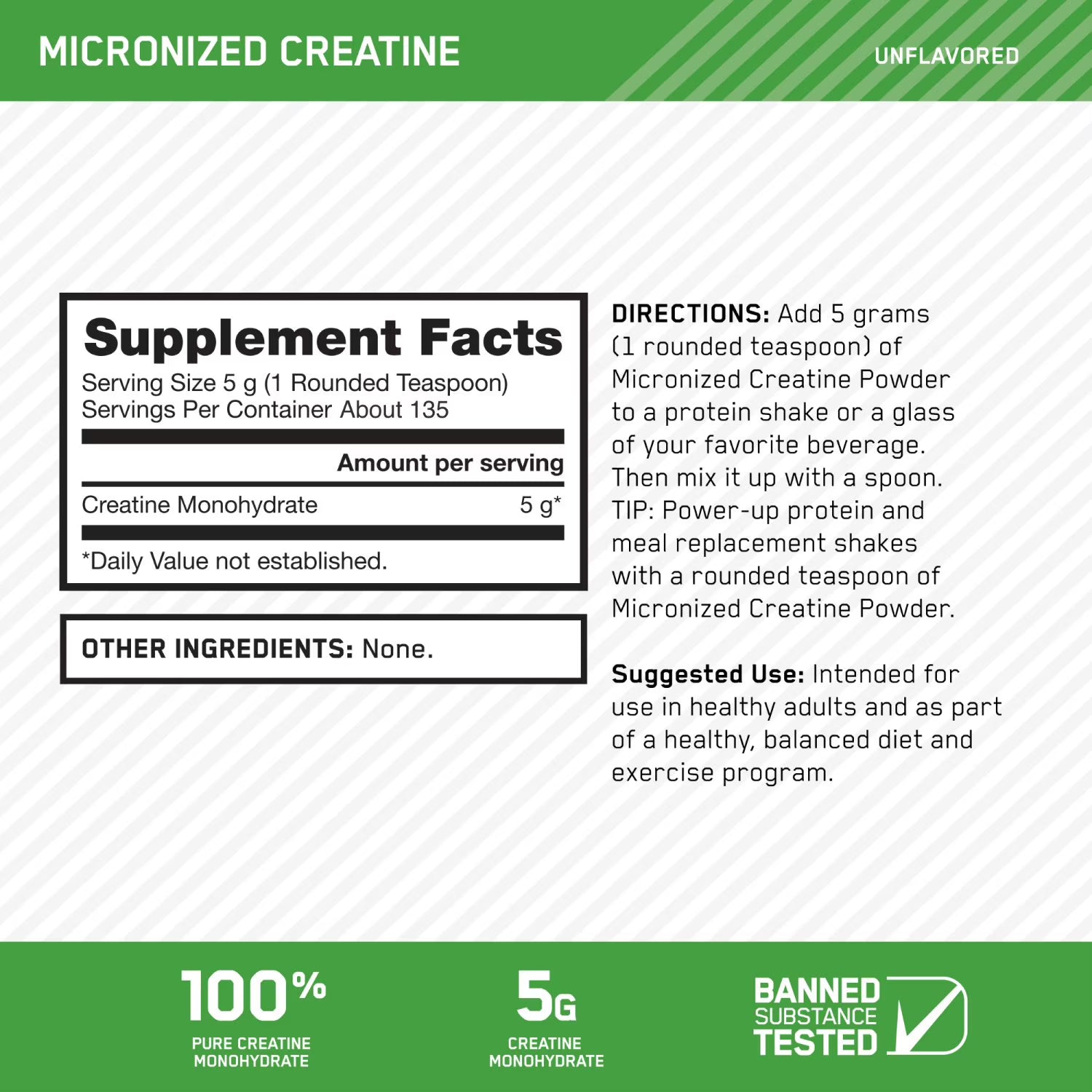 Optimum Nutrition Optimum Nutrition Micronized Creatine Powder, Unflavored, 23.8 oz - Back View