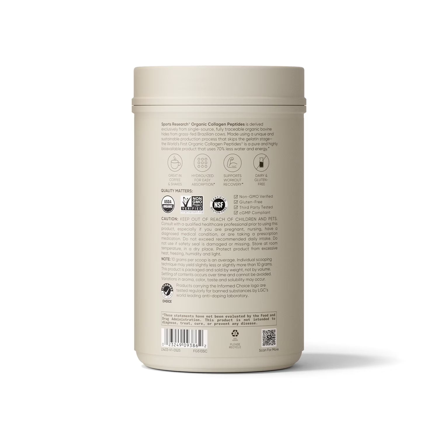 Sports Research Sports Research Collagen Peptides Powder, 680g - Back View
