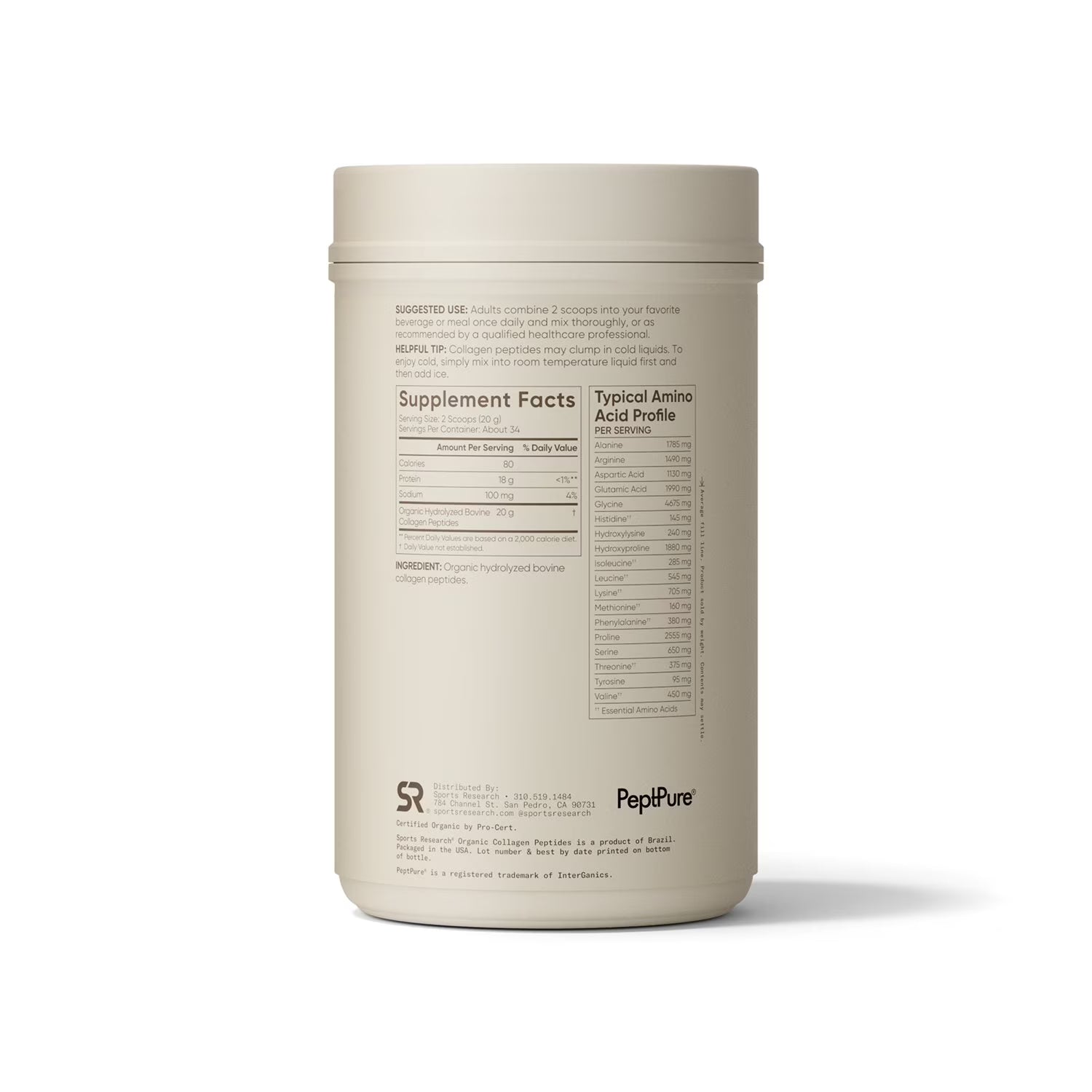 Sports Research Sports Research Collagen Peptides Powder, 680g - Ingredients View